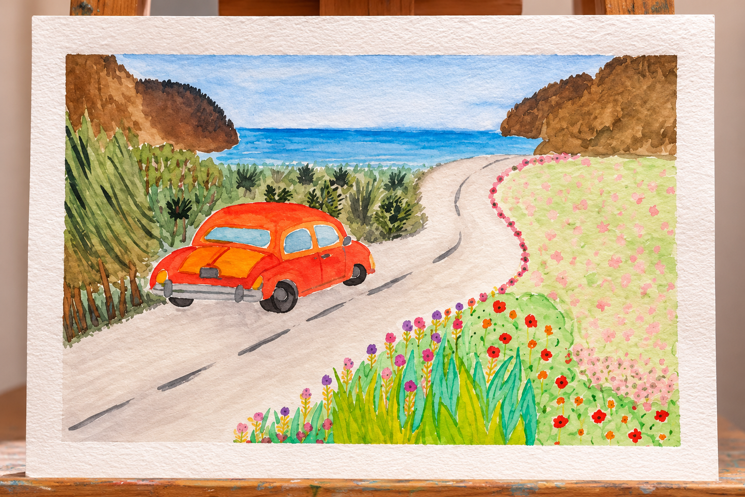 Acuarela de un coche rojo junto a un camino hacia el mar