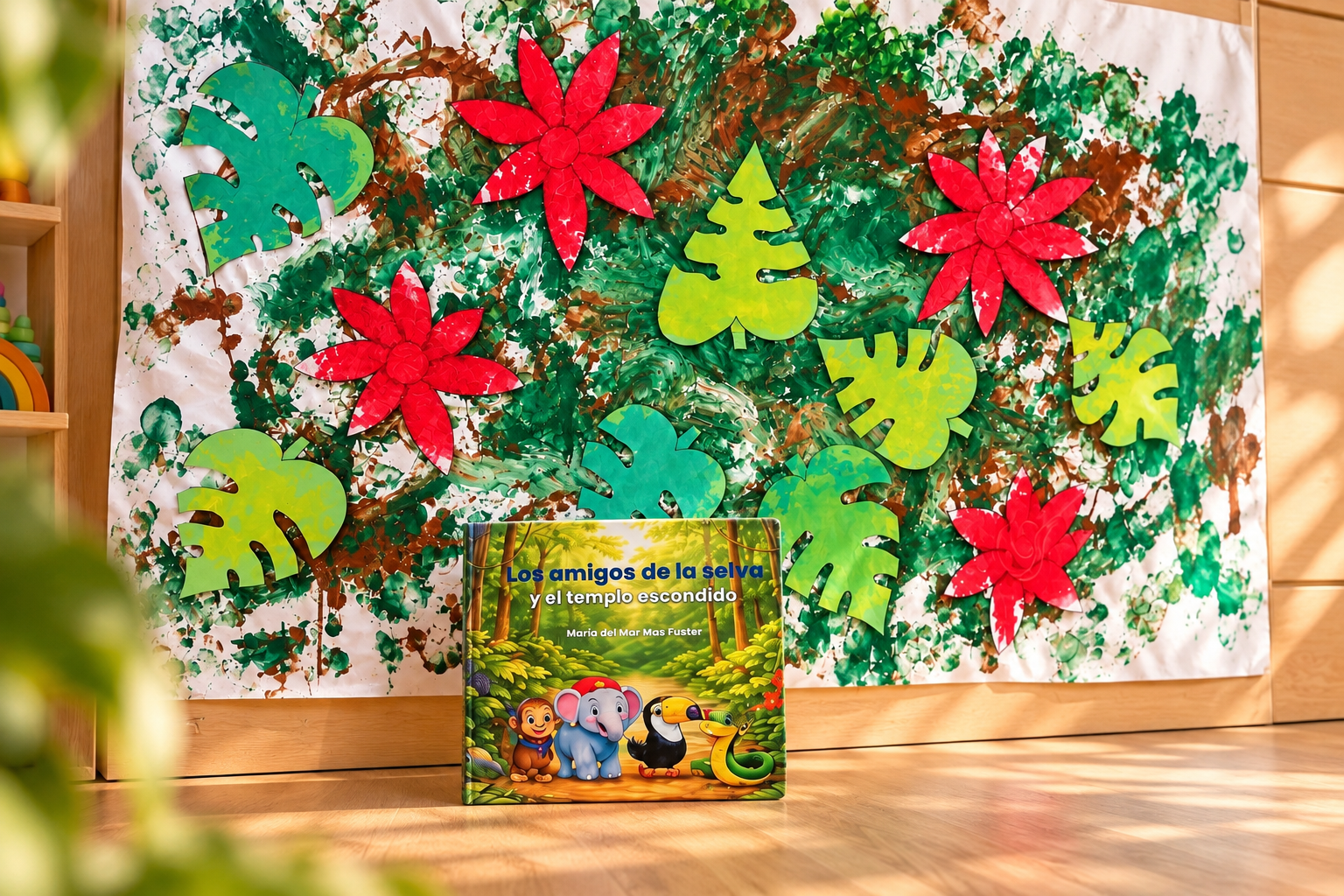 Composición con el cuento de la selva y un mural de hojas y flores